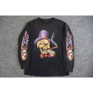 Vintage Skull Smoking Dice Flames Graphic Long Sleeve Shirt Mens Size M
